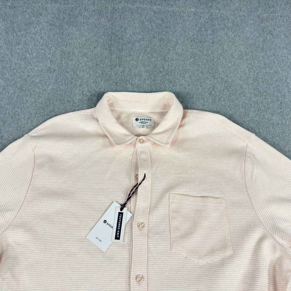 Sperry Textured Knit Shirt Mens XL Pink Stripe Short Sleeve Button Up NEW